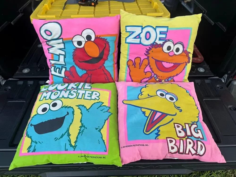 Vintage Sesame Street Decorative Pillow Lot of 4 Square Textured Elmo & Friends